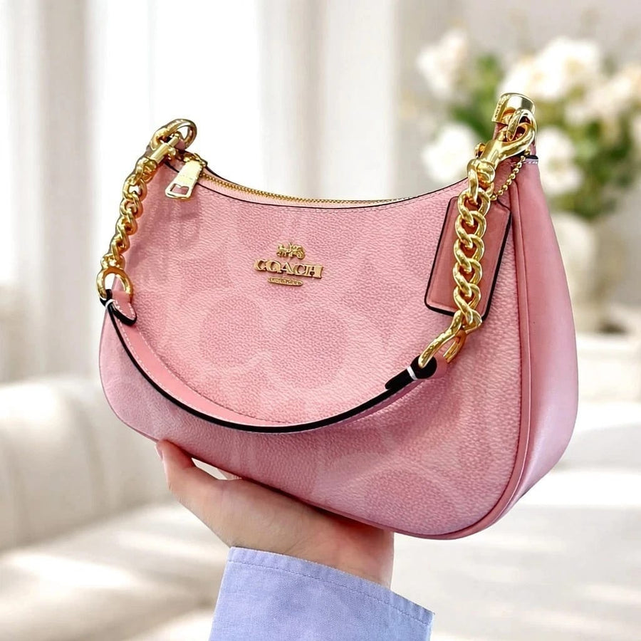 COACH Teri Shoulder Bag CAL51 – Signature Canvas Gold & Powder Pink – New - RiseLoaf
