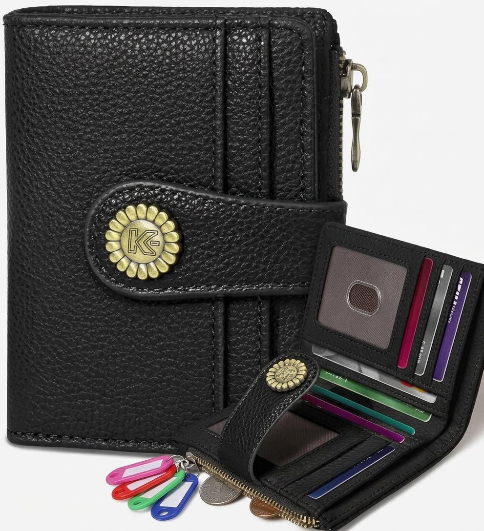 Women's Small RFID Bifold Wallet – Black Zipper Coin Pocket, Compact Card Holder