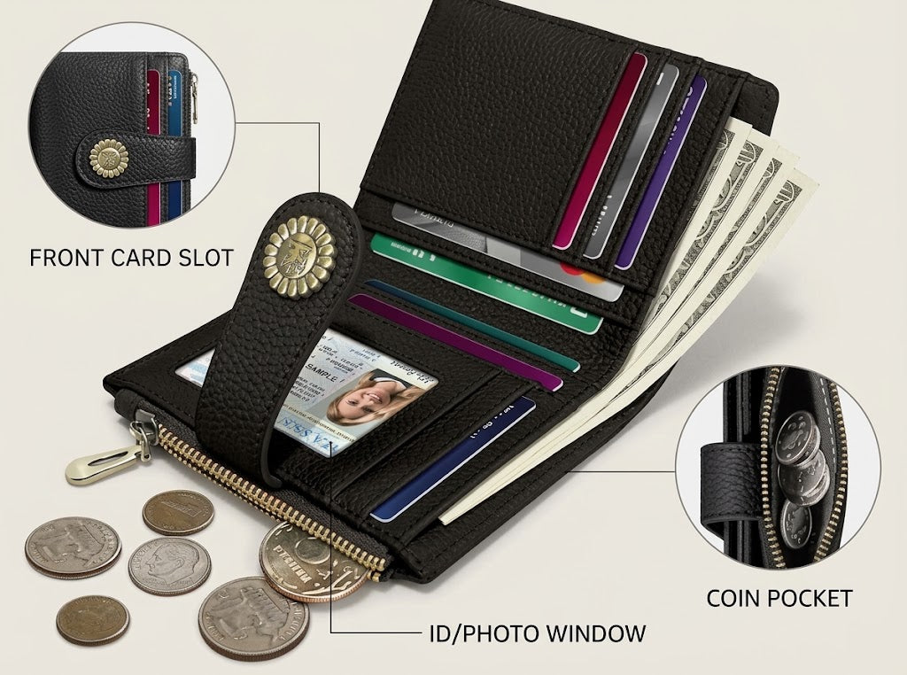 Women's Small RFID Bifold Wallet – Black Zipper Coin Pocket, Compact Card Holder